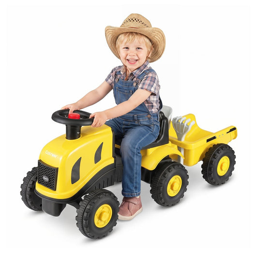 2-in-1 Ride on Tractor with a young child sitting on the seat and holding the steering wheel