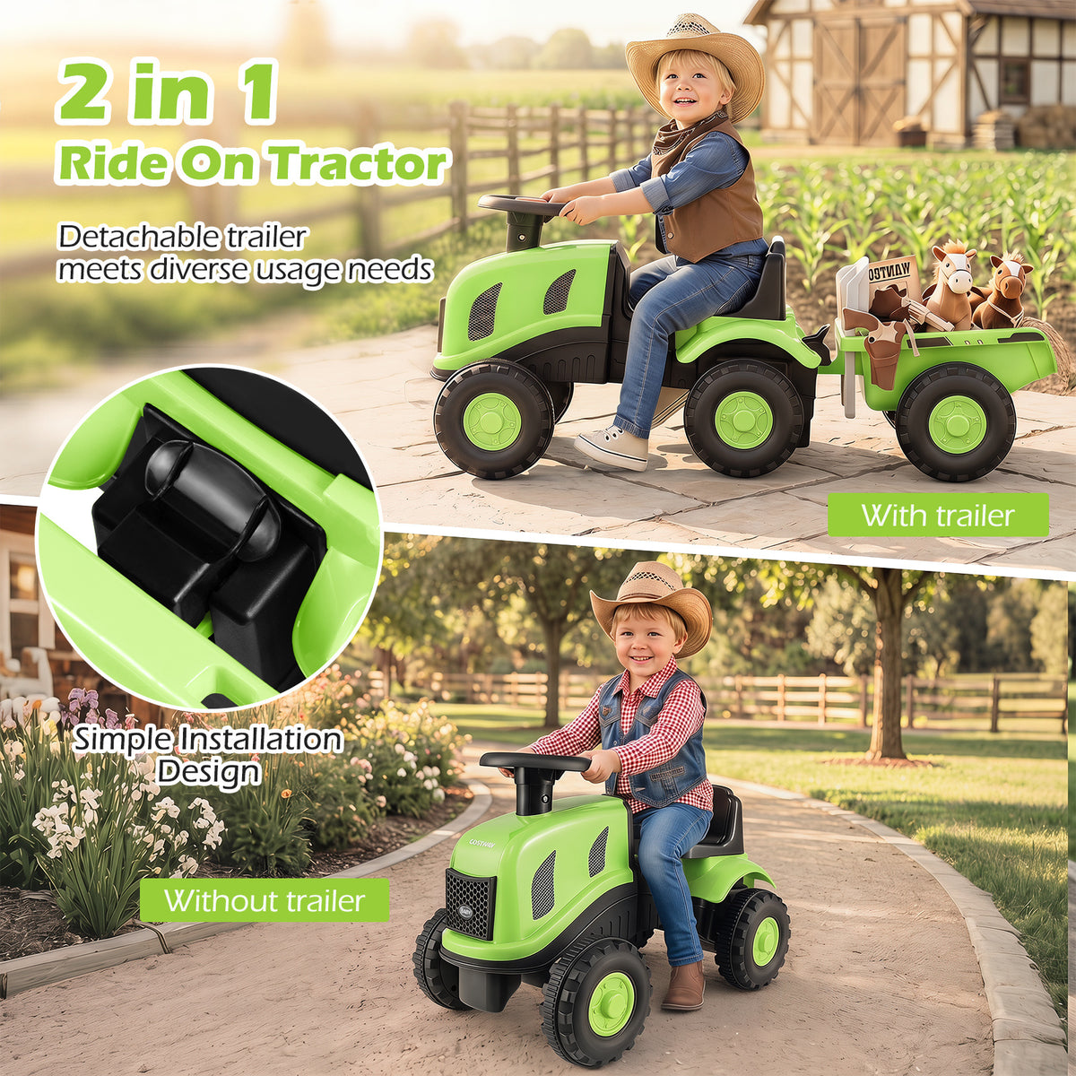 The green ride on tractor with trailer is shown with and without the trailer attached