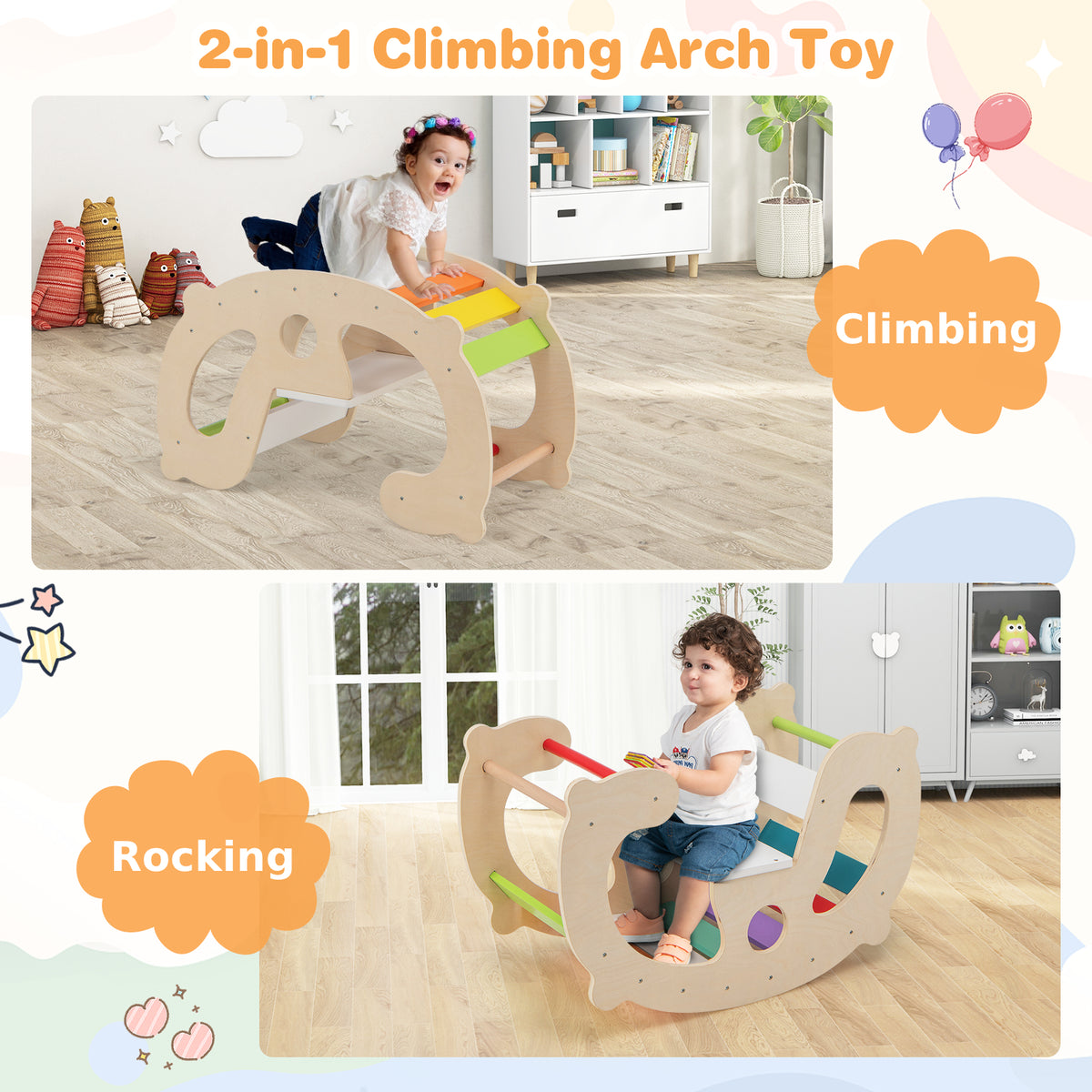 The climbing frame demonstrating both climbing and rocking functions for children