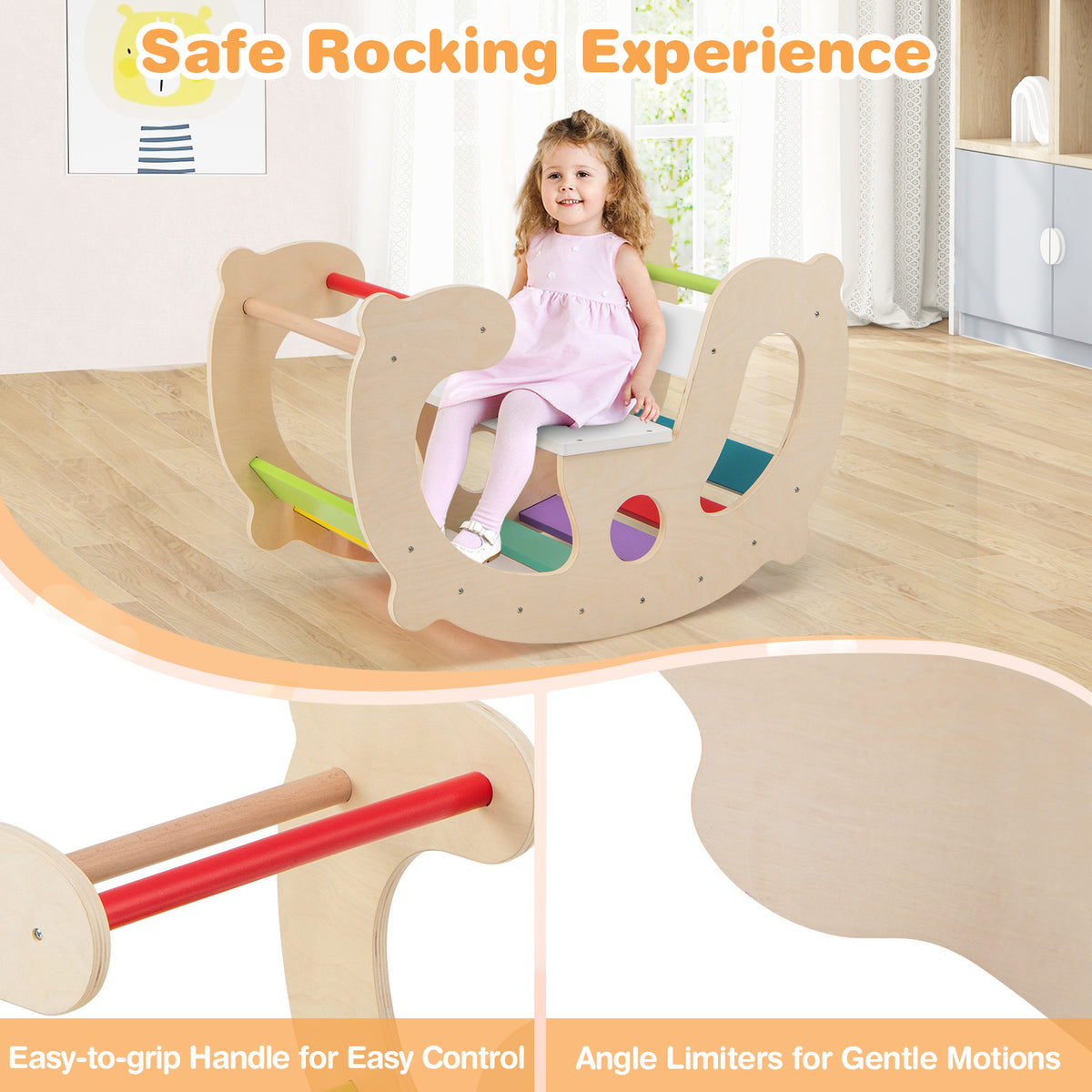 Close up of the natural wood rocking horse arch showing safe rocking features