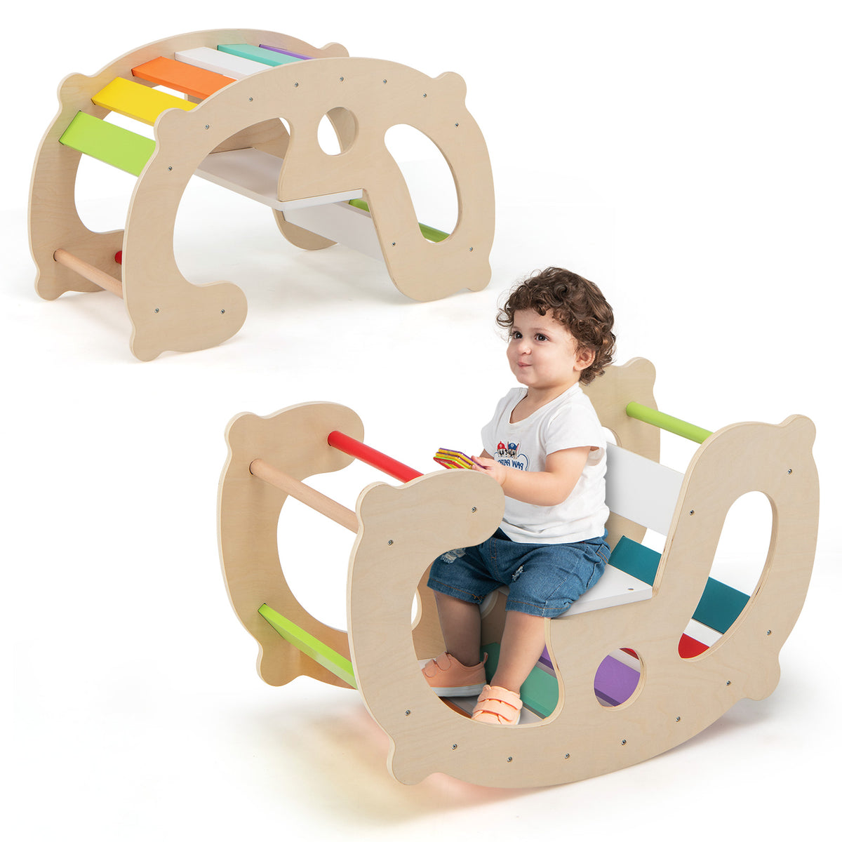 The natural wood rocking horse arch shown in two different play configurations