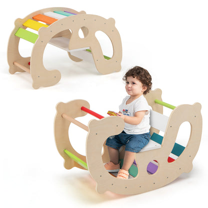 The natural wood rocking horse arch shown in two different play configurations