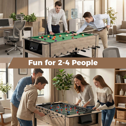 The game table being used by adults in an office and by a family in a living room area