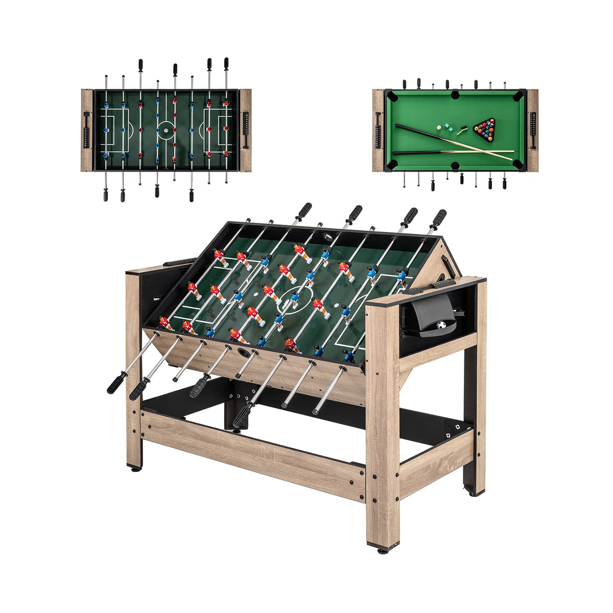2-in-1 Swivel Game Table shown in foosball and pool configurations with a central main view