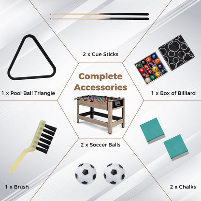 The game table surrounded by pool balls, cue sticks, a brush, chalk and a ball triangle