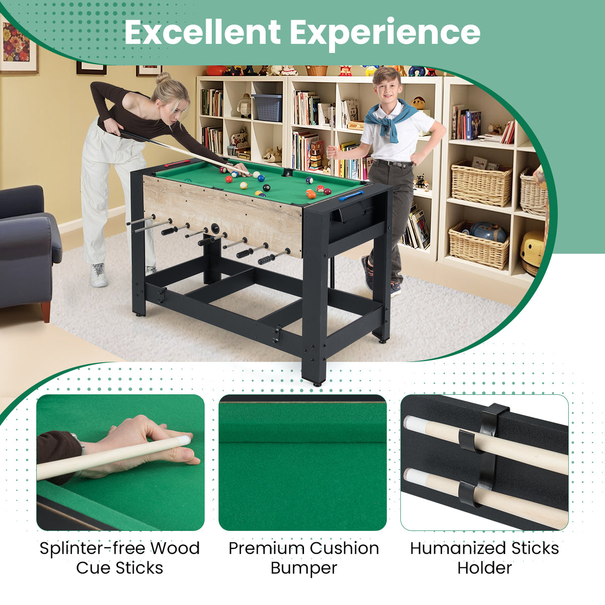 The game table showing close-ups of the cue sticks and the green playing surface