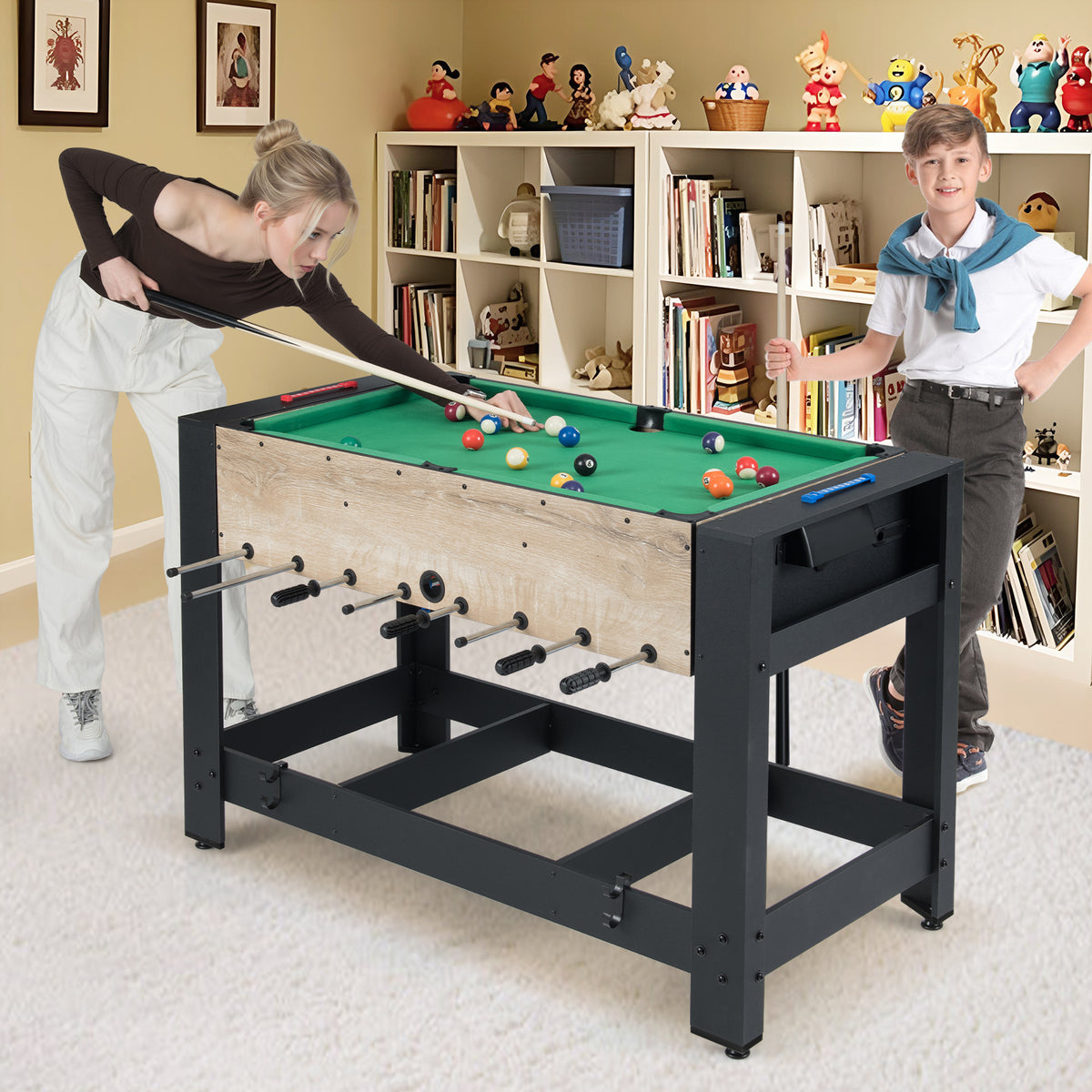 The game table flipped to the pool surface with two people playing a game