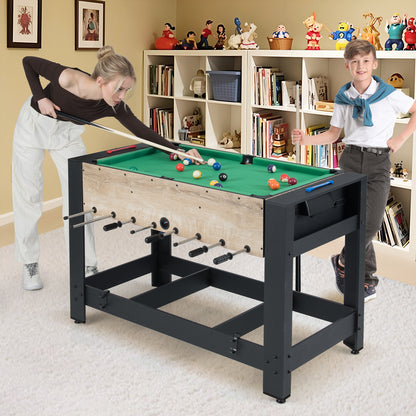 The game table flipped to the pool surface with two people playing a game