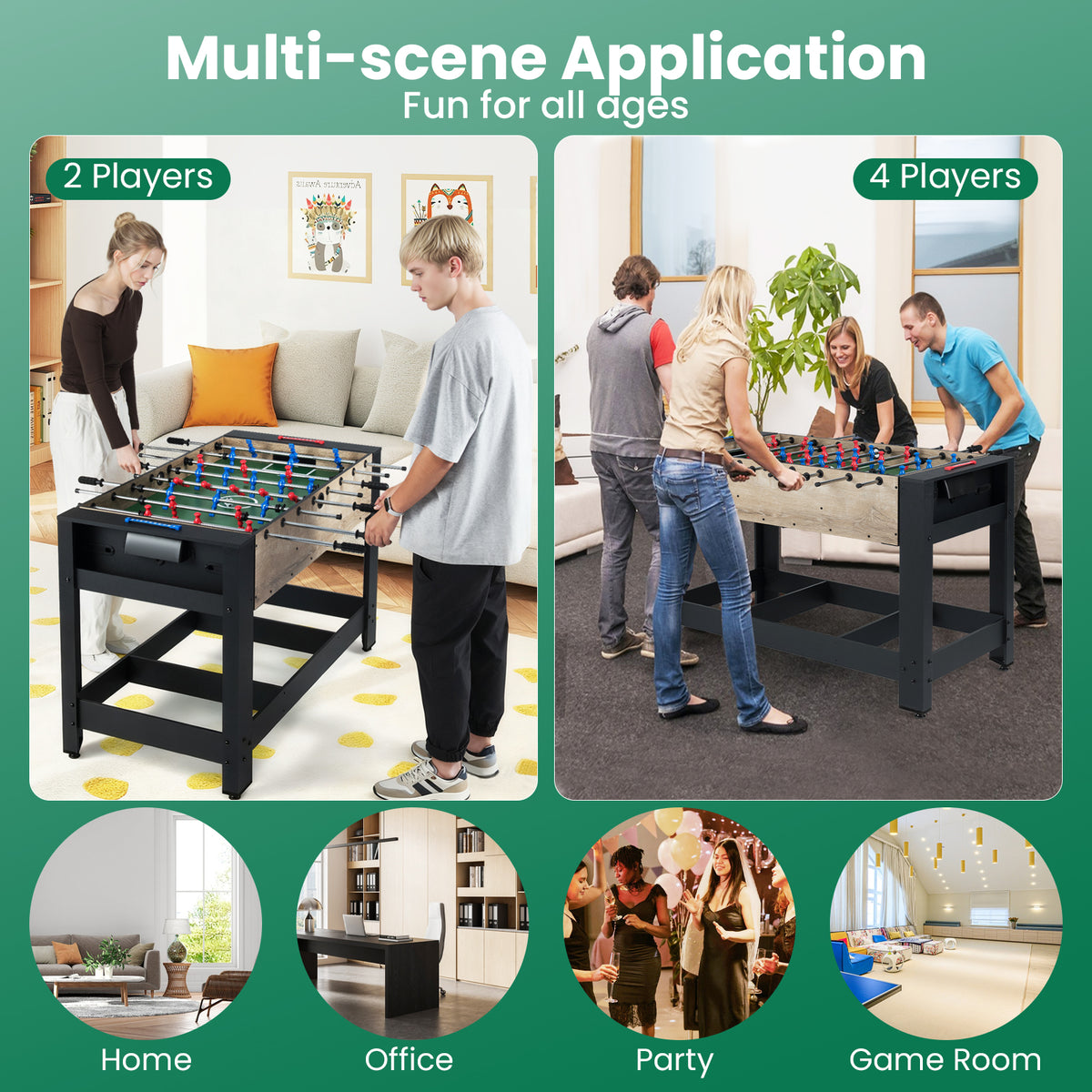 The game table shown in various settings including a home and a party room