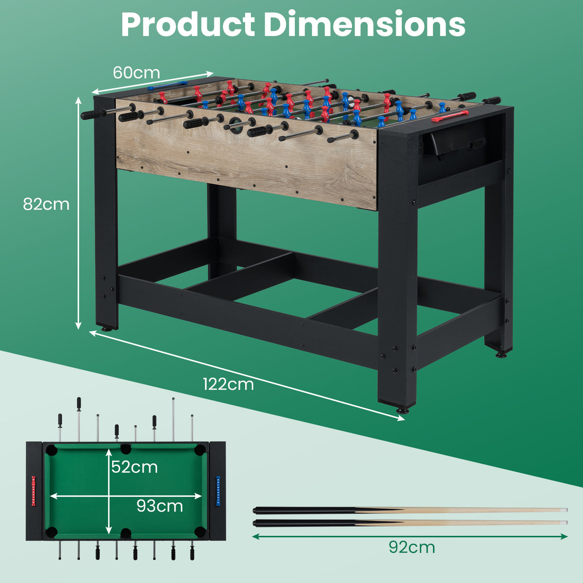 The game table shown with technical lines and measurements for the frame and cues