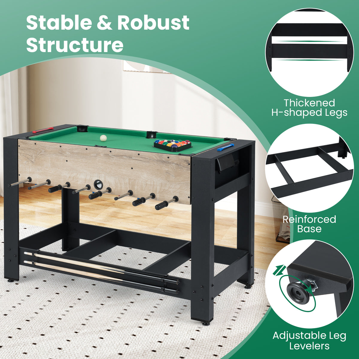The game table highlighting the sturdy legs and adjustable feet for stability
