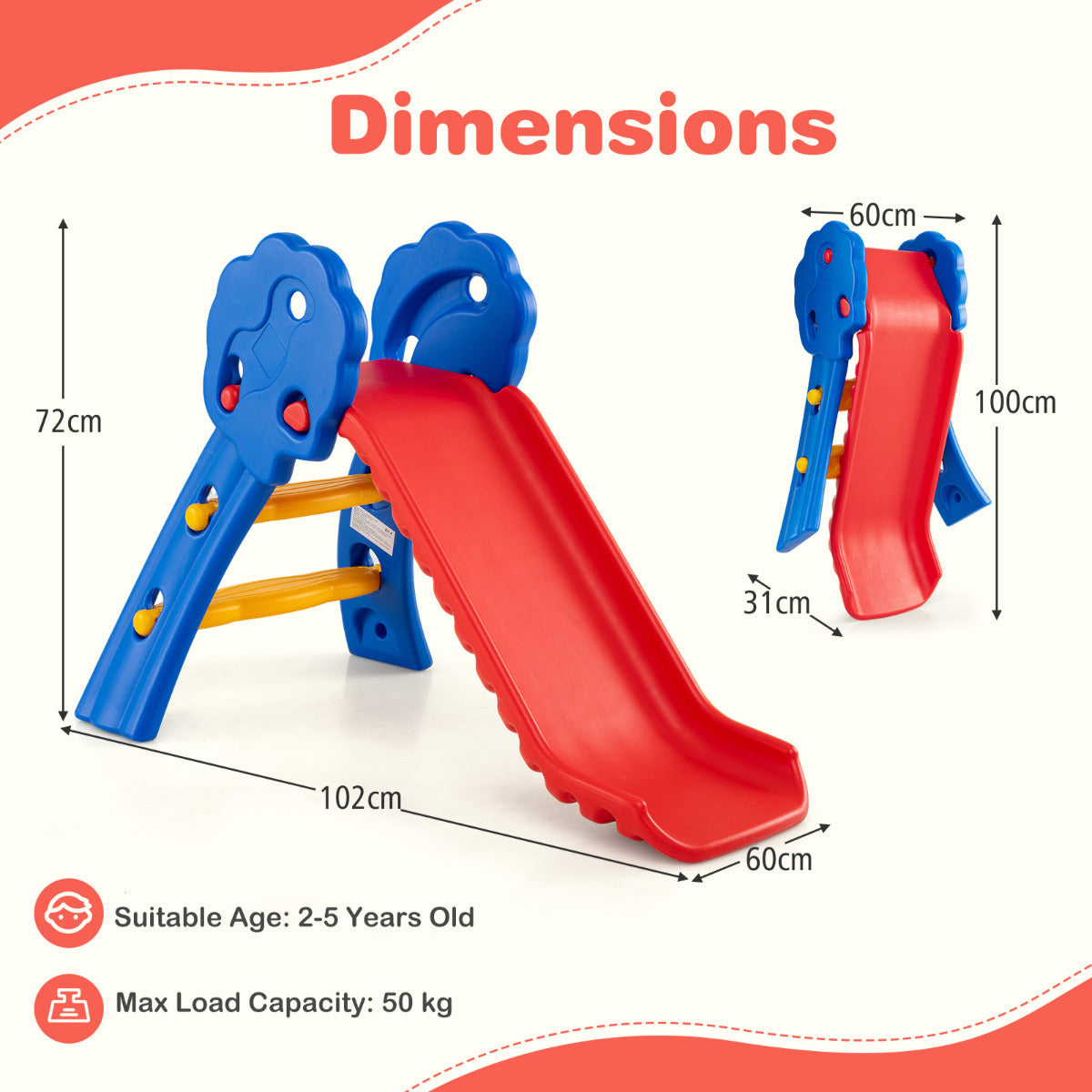 Dimensions diagram for the red and blue toddler slide