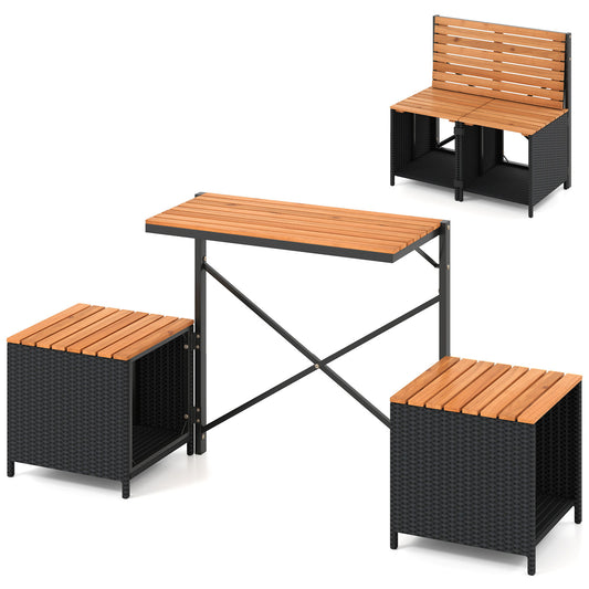 2-in-1 Transforming Picnic Table and Chairs Set in a compact folded state with wooden tabletop and black woven sides