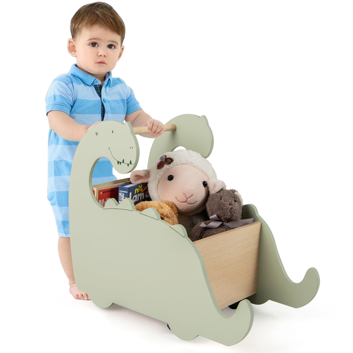 The dinosaur shaped baby walker with a child holding the wooden handle