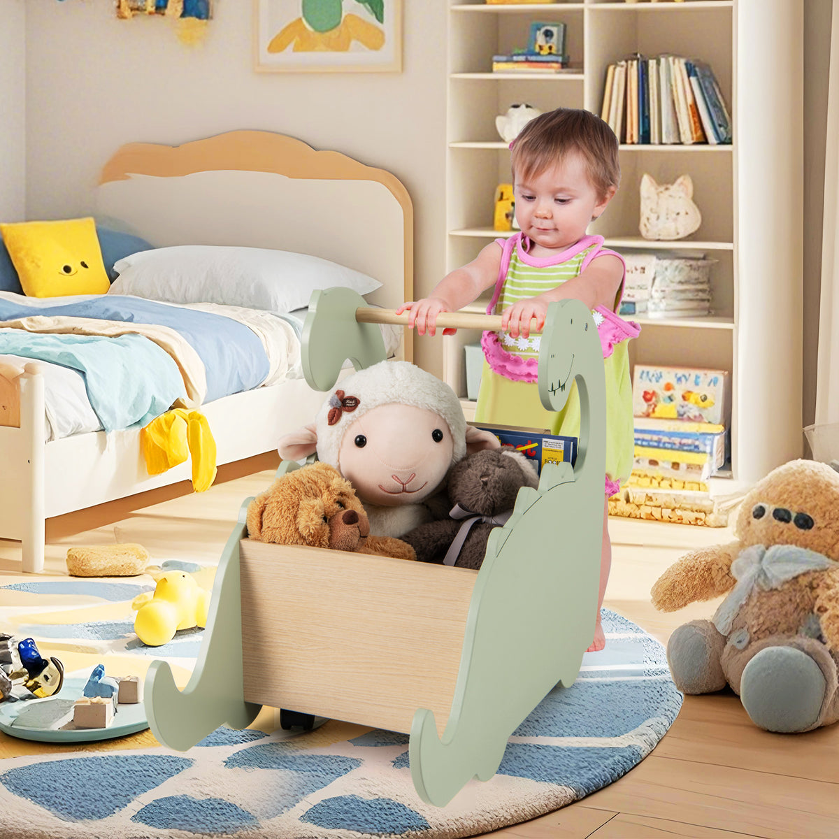 The push along toy cart being used by a child in a bedroom