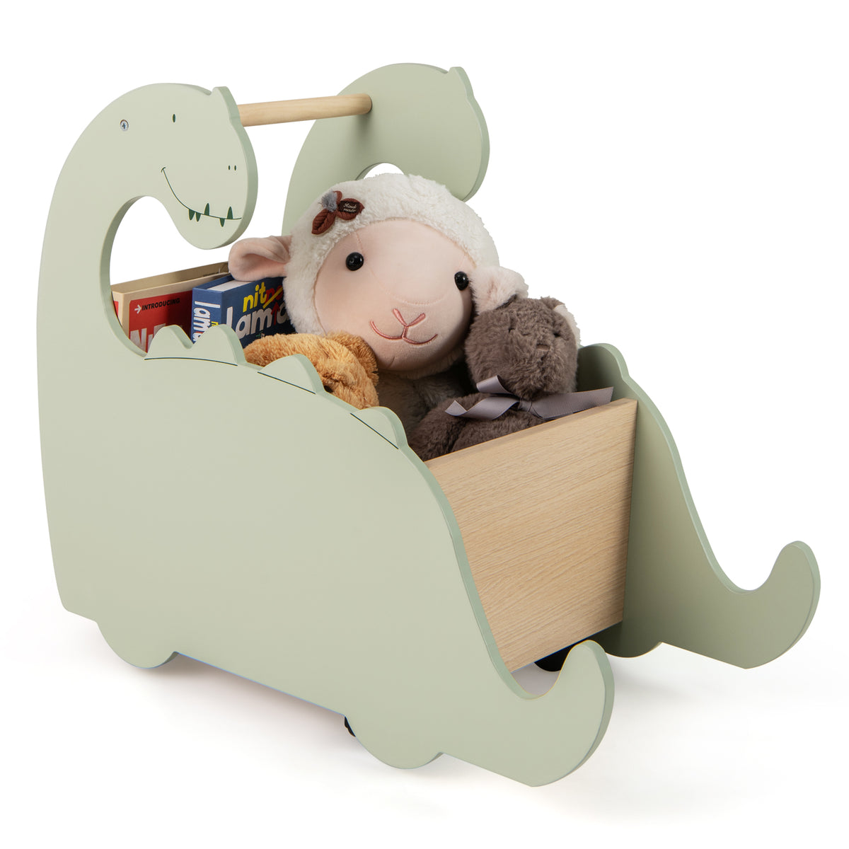 2 in 1 Wooden Baby Push Walker Toddler Shopping Cart filled with soft toys and books