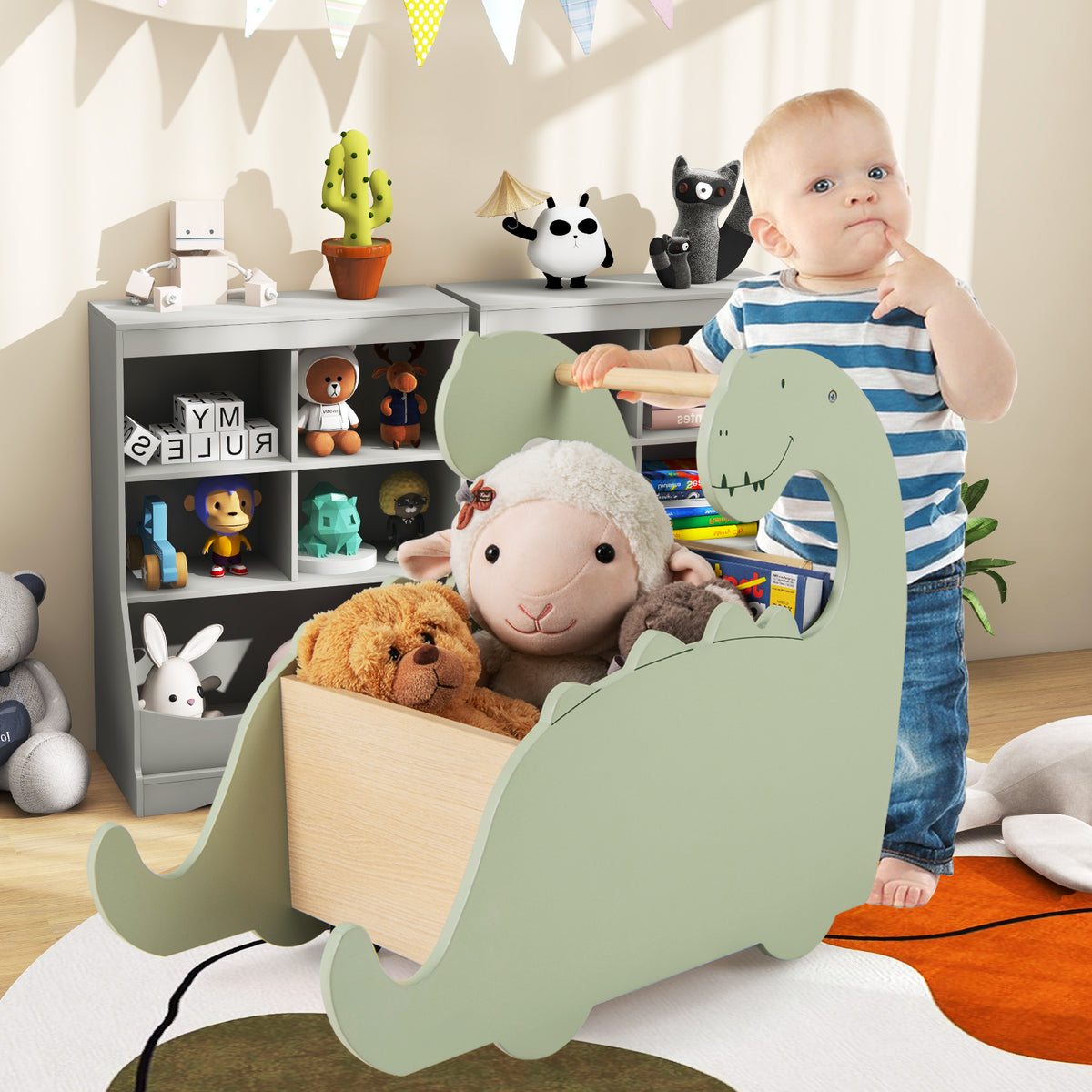 The wooden toy cart viewed from the side while a child stands nearby