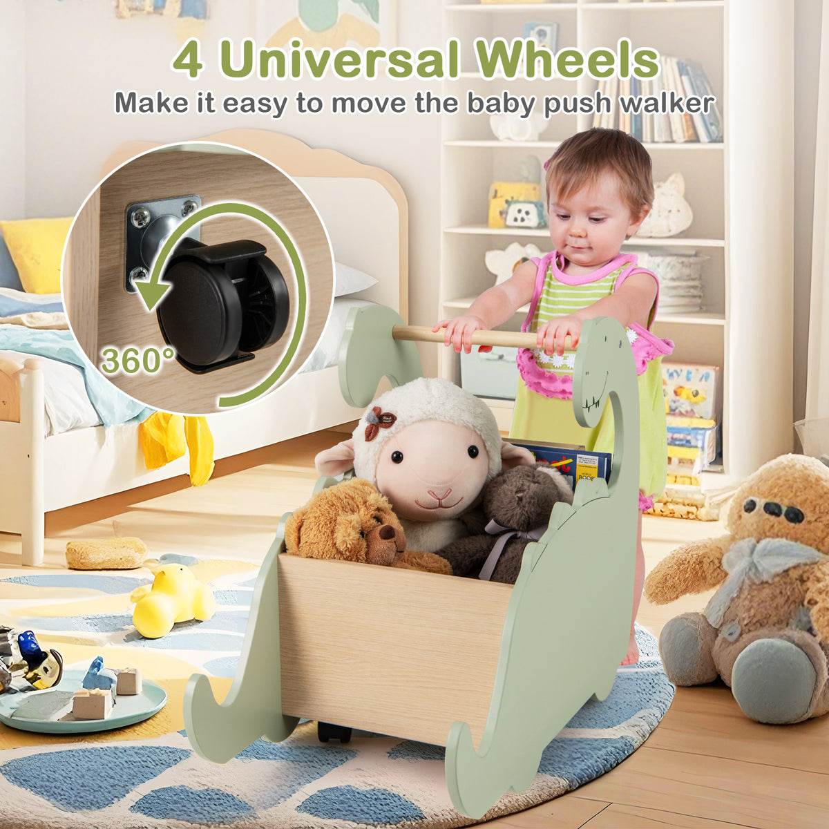 The baby walker with a close up inset showing the swivel wheel mechanism
