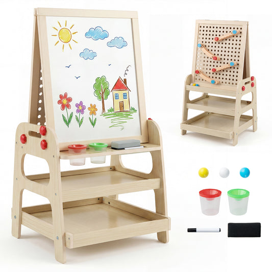 2-in-1 Wooden Easel for kids with a whiteboard on one side and a marble run on the other