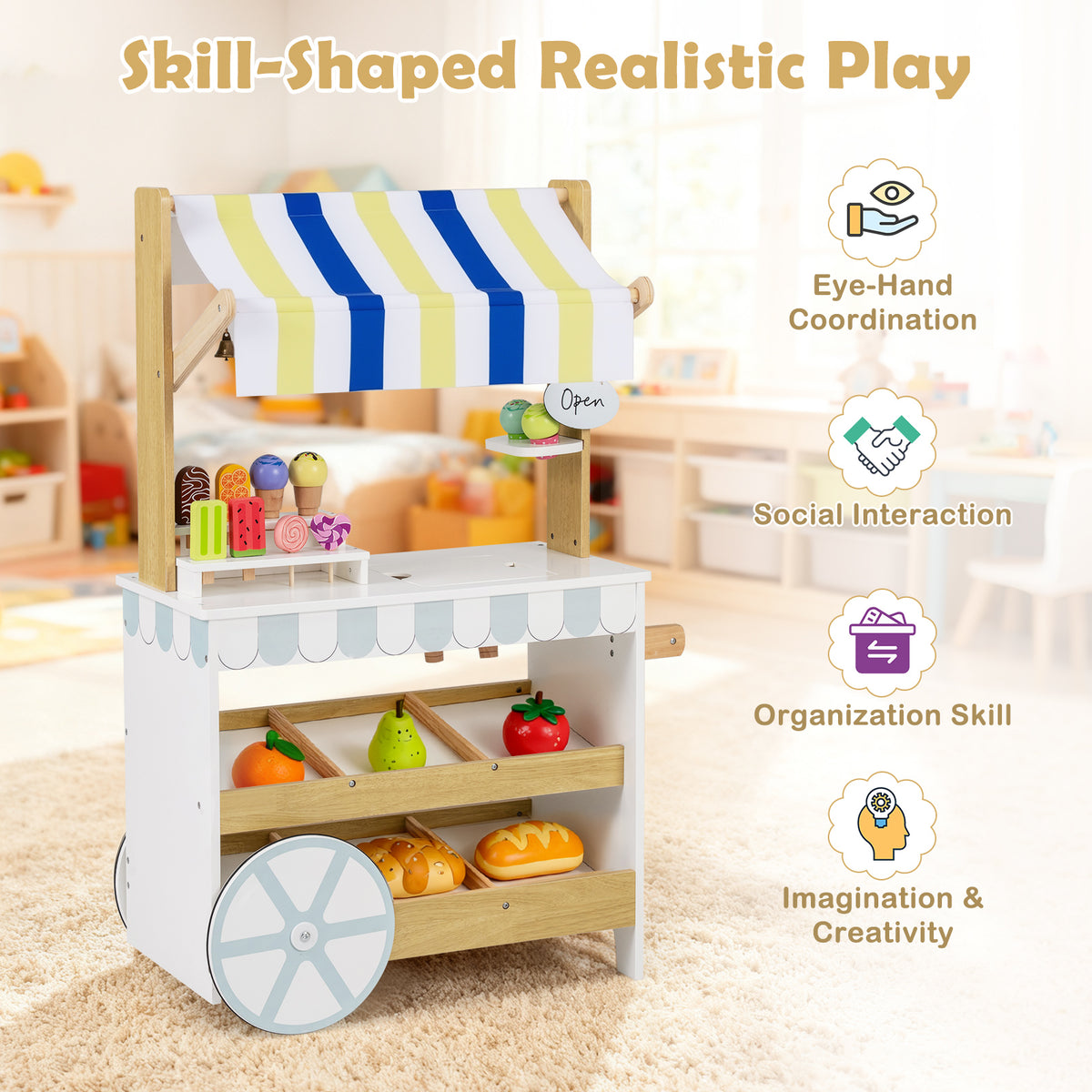 The white wooden ice cream cart has a striped canopy and display shelves