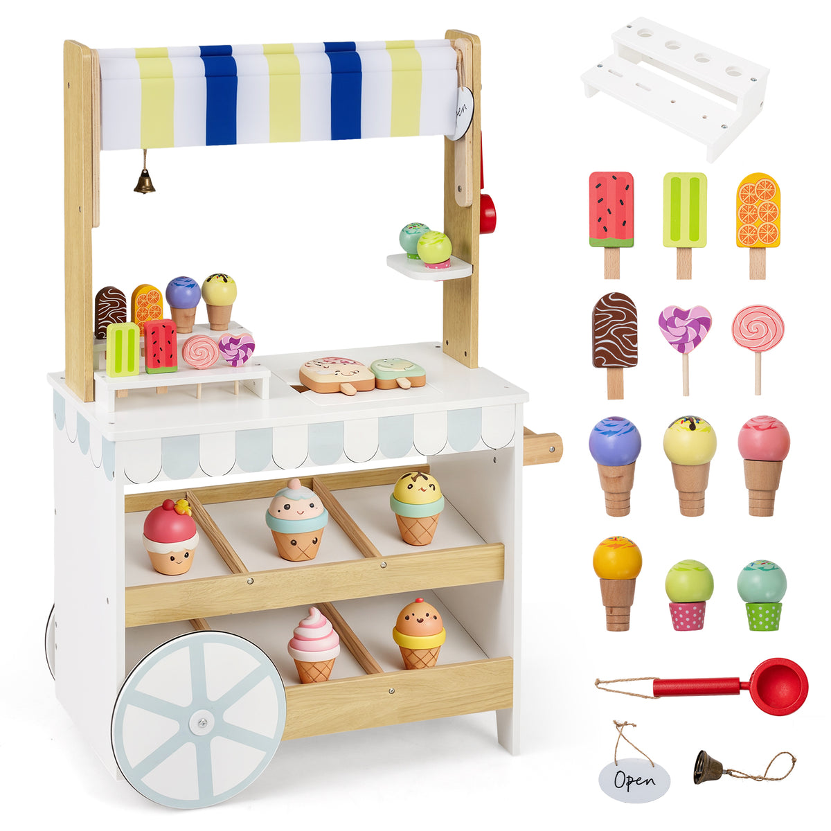 2-in-1 Wooden Ice Cream Cart with display shelves and accessories