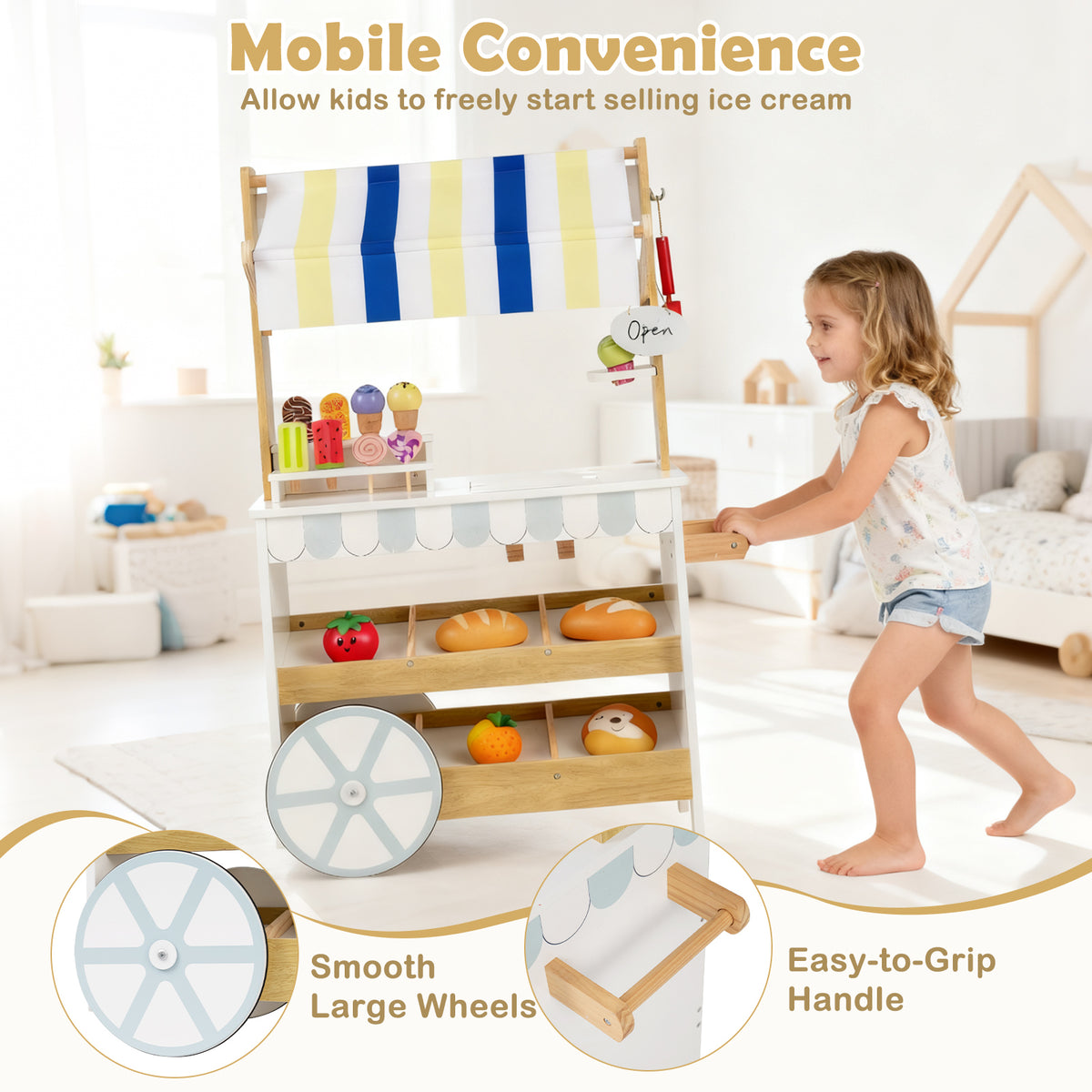 Close up of the wheels and handle of the mobile ice cream cart