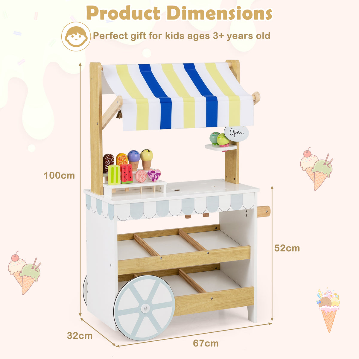 Dimensions of the white wooden ice cream cart shown with measurements