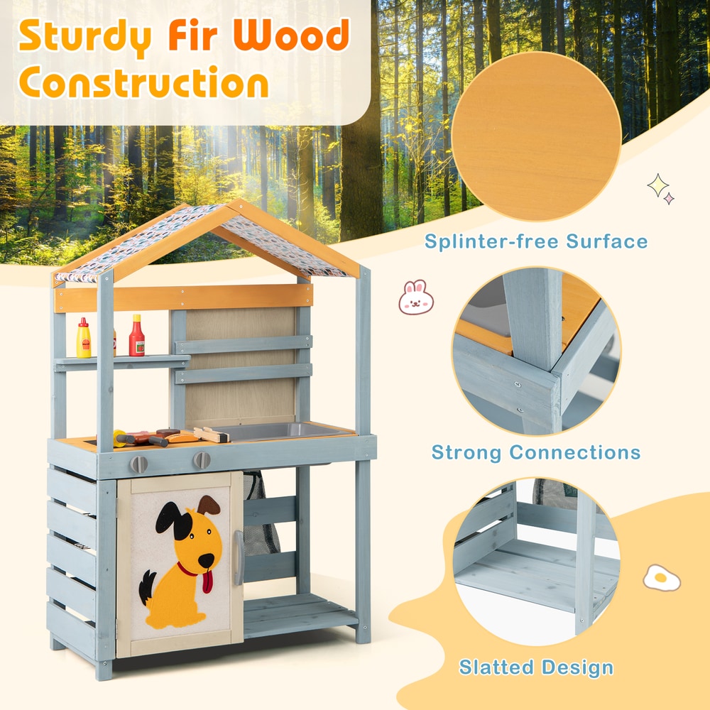 Close up of the sturdy fir wood construction of the play kitchen set