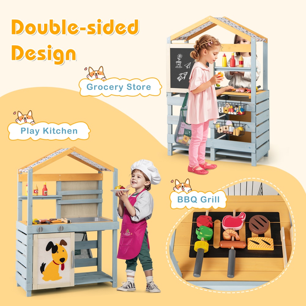This double-sided play kitchen and grocery store shows children interacting with both sides