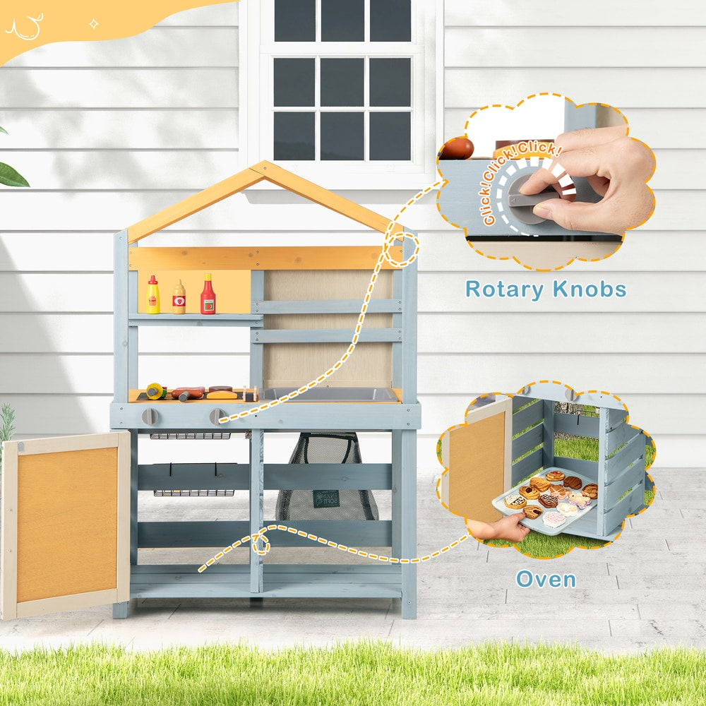 Close up of rotary knobs and oven door on the play kitchen set