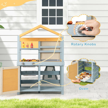 Close up of rotary knobs and oven door on the play kitchen set