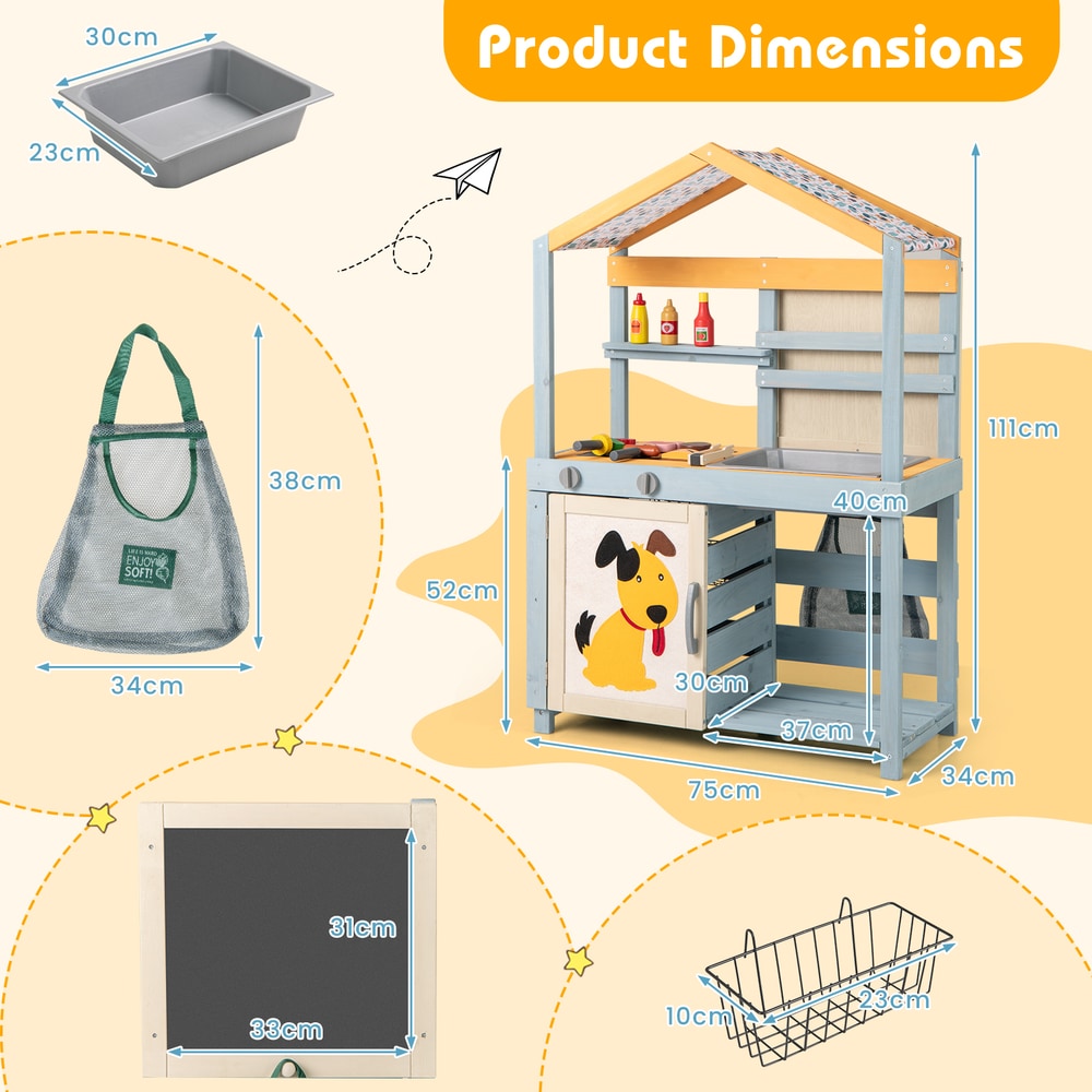 Product dimensions diagram for the wooden mud kitchen and grocery store