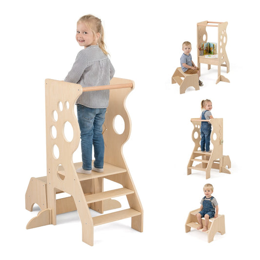 2 in 1 Wooden Standing Tower with removable safety bars, a wooden kitchen helper for toddlers