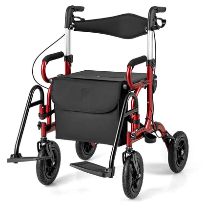 2-in-1 Foldable Rollator Walker with Seat and Pneumatic Tires for All Terrain-Red