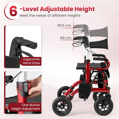 2-in-1 Foldable Rollator Walker with Seat and Pneumatic Tires for All Terrain-Red