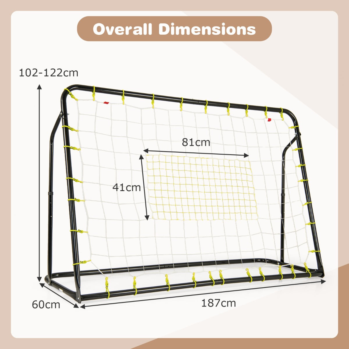Diagram showing the overall dimensions of the black soccer rebounder and goal