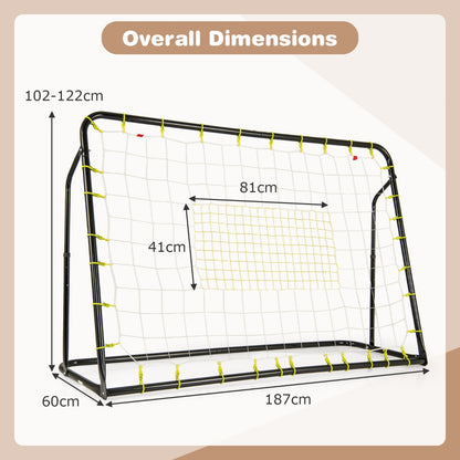 Diagram showing the overall dimensions of the black soccer rebounder and goal