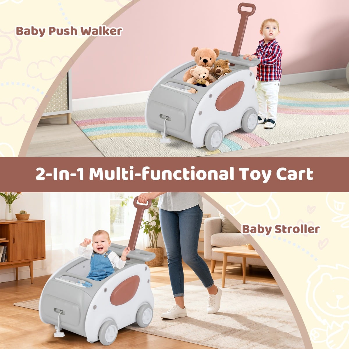 2-In-1 Push and Pull Baby Stroller with Wheels and Foldable Seat-Grey