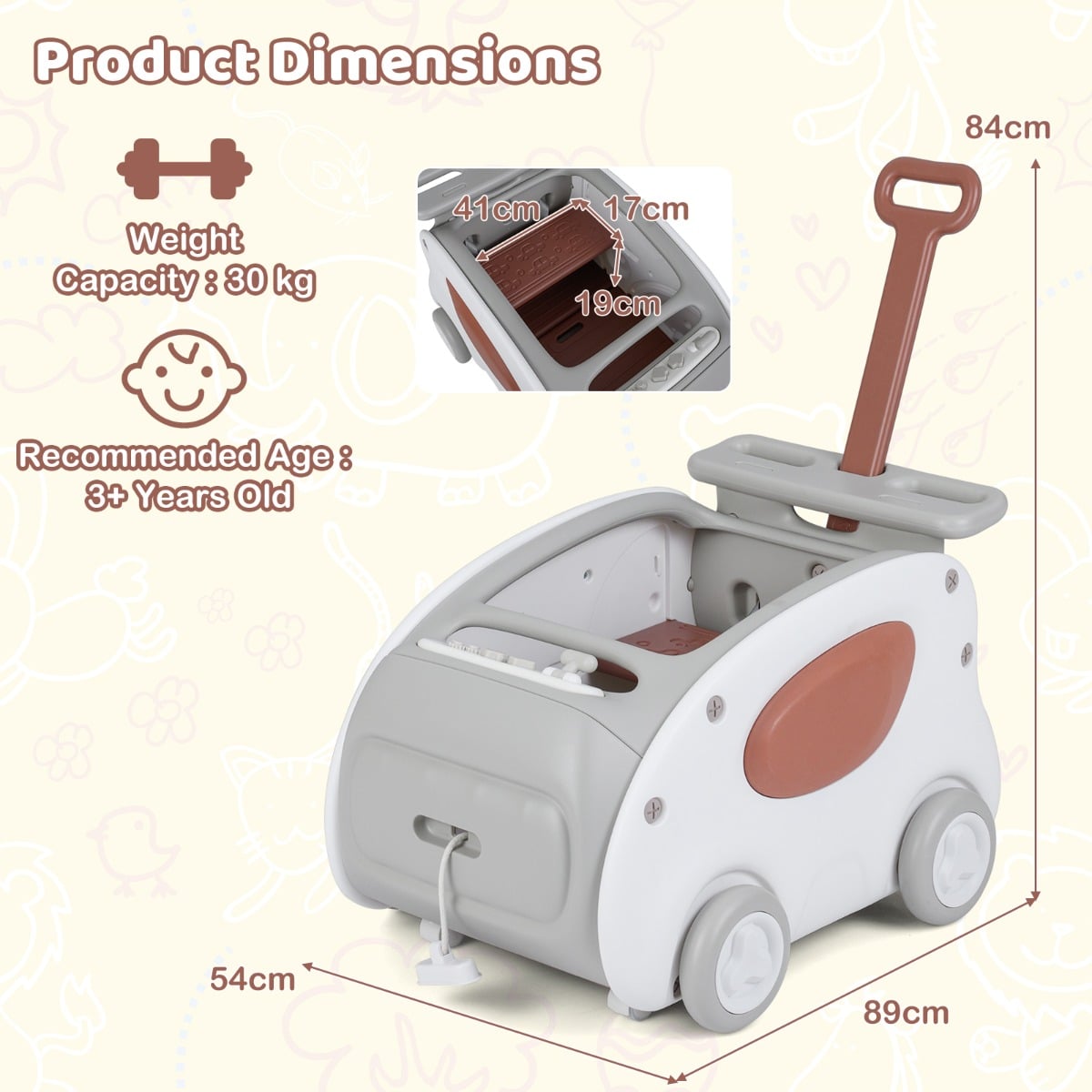 2-In-1 Push and Pull Baby Stroller with Wheels and Foldable Seat-Grey
