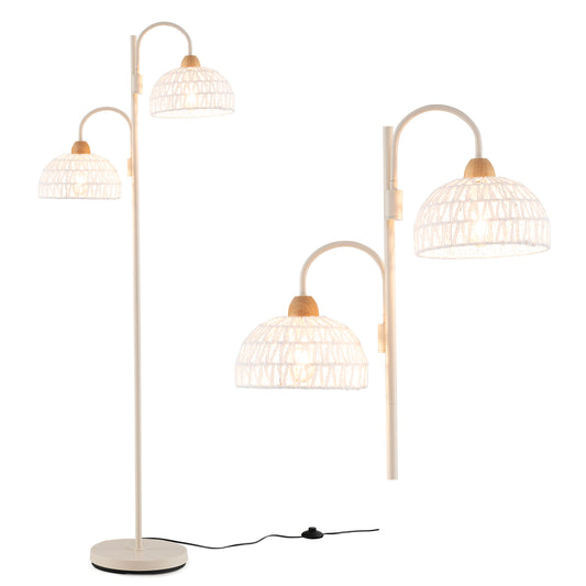 2 Light Floor Lamp shown in full and as a close-up of the two woven lampshades