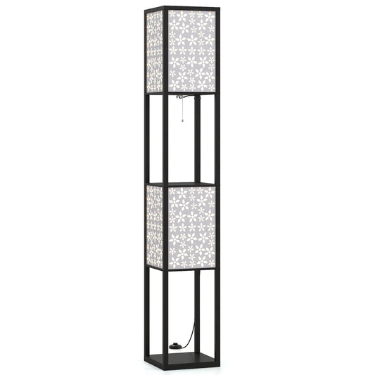 2-Light Floor Lamp with shelves, a tall black frame with three shelves and two patterned lampshades
