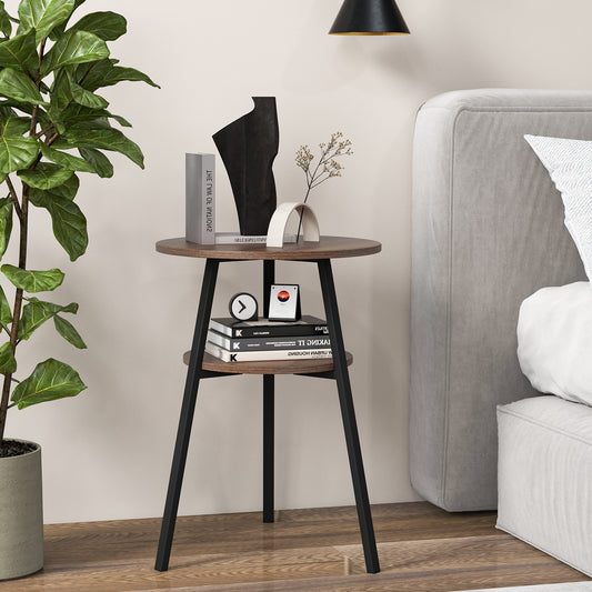 The side table placed next to a bed with books and ornaments on the two tiers