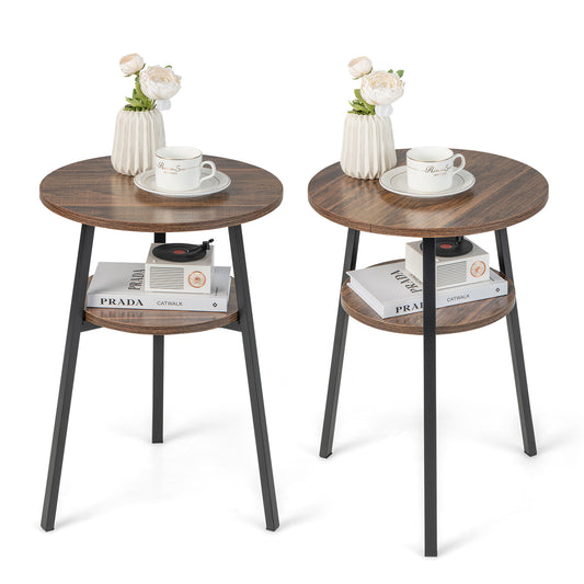 2 Pack 2-Tier Wooden Round Side Table set with decor items on the shelves against a white background