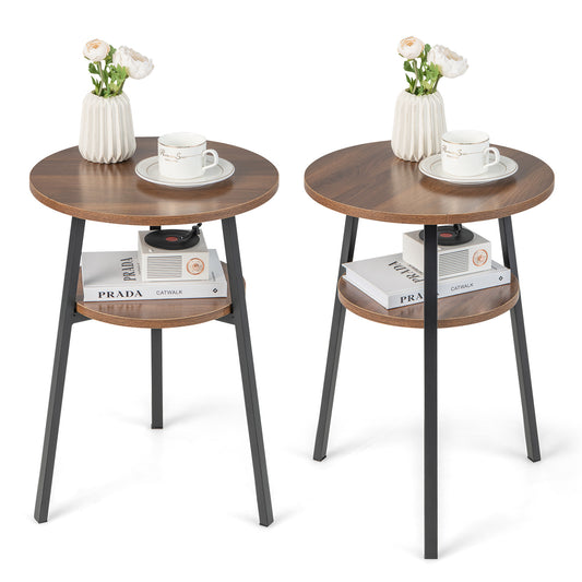 2 Pack 2-Tier Wooden Round Side Table with two identical tables shown from the front