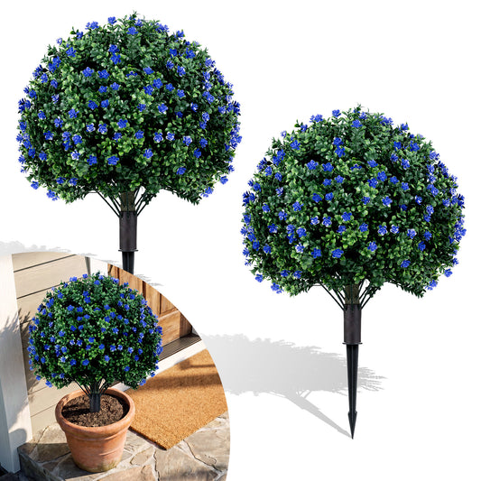 2 Pack 70 CM Artificial Camellia Boxwood Topiary Ball Trees with blue flowers on a white background