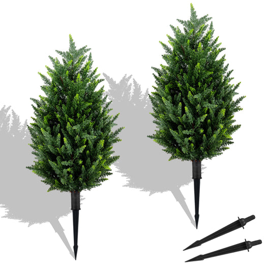 2 Pack 90 CM Artificial Cypress Topiary Trees with black ground spikes shown on white background