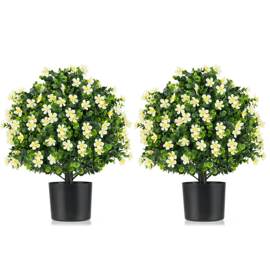2 Pack Artificial Boxwood Topiary Ball Tree with white flowers and green leaves in black pots