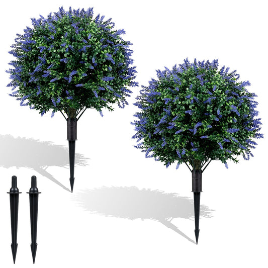 2 Pack Artificial Lavender Boxwood Topiary Ball Trees with ground spikes shown against a white background