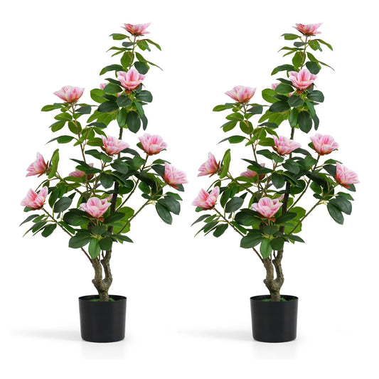 2 Pack Artificial Magnolia Tree with pink flowers in black nursery pots on a white background