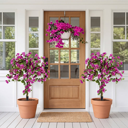 Two pack bougainvillea artificial trees with stable ground spike flanking a doorway, one hanging basket above